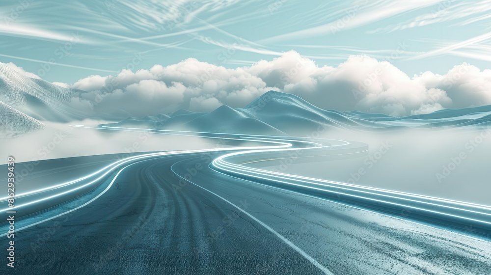 Poster abstract 3d rendering of road with lines and clouds in surreal highway landscape