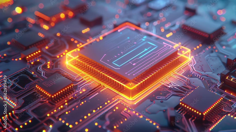 Poster futuristic circuit board with glowing components, showcasing high-tech microchip technology and digi