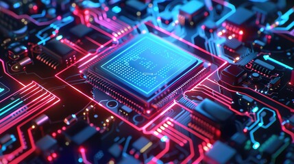 Obraz premium Futuristic circuit board close-up with glowing blue and red lights, showing the detailed and intricate design of modern technology.