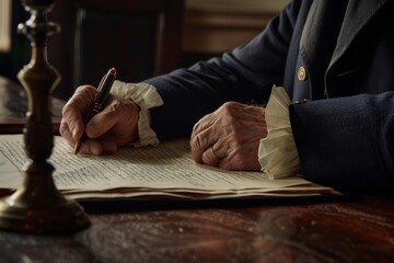 George Washington signing the Declaration of Independence, focused expression, [historic signature], [moment of independence]