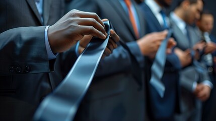 Fototapeta premium Close-up of businessmen adjusting their ties, showcasing professionalism and attention to detail in a corporate setting.