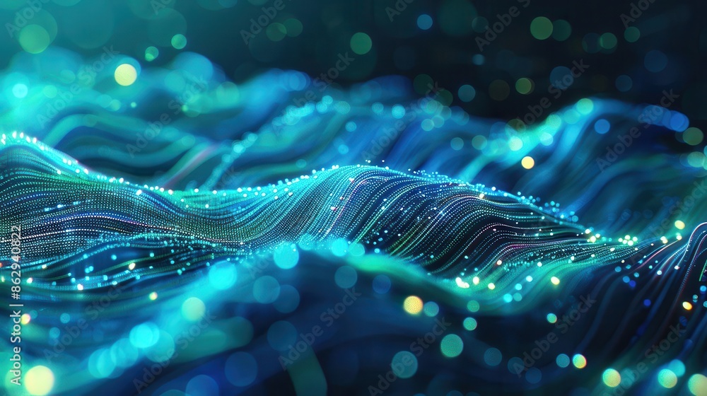 Aufkleber abstract neon waves and bokeh lights on futuristic bluegreen background data transfer concept ai gen