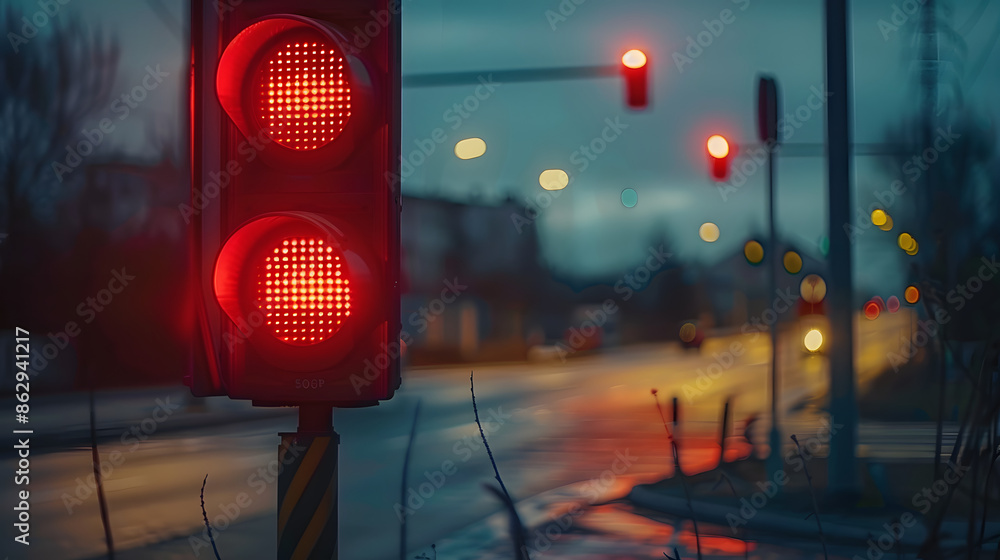 Poster A red traffic light sits on the side of a road, waiting for drivers to stop