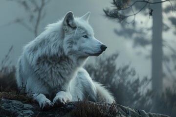 Naklejka premium Wolf Howling at Full Moon in Mystical Forest