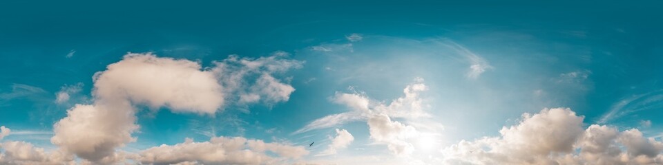 Sunset sky with bright glowing pink Cumulus clouds. Seamless spherical HDR 360 panorama. Full zenith or sky dome in 3D, sky replacement for aerial drone panoramas. Climate and weather change.