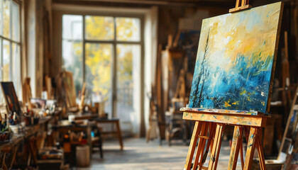 An atelier presenting a selection of fundamental items. In evidence, an easel partially painted with contemporary art, placed on the right, against a blurred background, with free space on the right f
