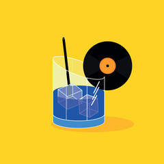 Vinyl record placed as decoration on blue cocktail against bright yellow background. Party vibes. Creative vector illustration. Celebration, relaxation. Music, retro style, creativity, pop art concept