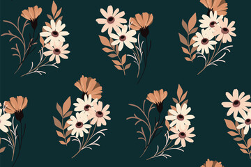Seamless floral pattern, vintage ditsy print, abstract ornament in autumn, winter colors. Beautiful botanical design: large hand drawn wild flowers, herbs leaves, bouquets on dark. Vector illustration