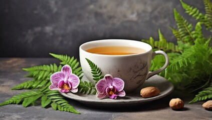 Cup of tea with fern leaf and orchid on rustic stone background
