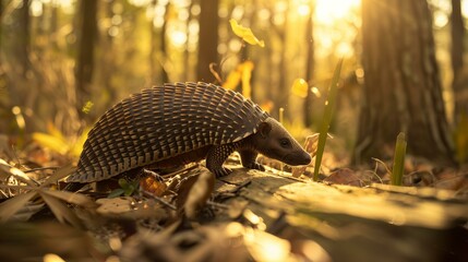 Obraz premium An armored armadillo traverses a sunlit forest floor, surrounded by golden autumn leaves and tall trees.