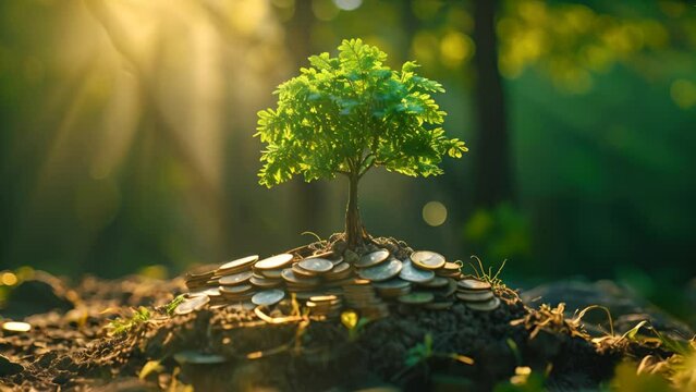 A small tree growing from a pile of coins, bathed in sunlight, symbolizing the growth and nurturing of financial investments in a natural and sustainable manner.