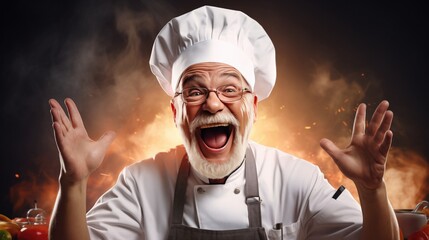 Portrait of senior male chef in apron and hat on fire background.
