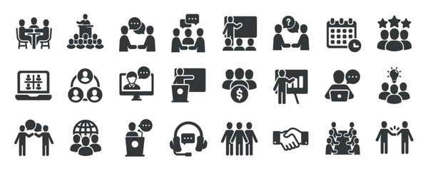 Meeting glyph solid icons collection. Containing business, training, seminar, teamwork, workshop. For website marketing design, logo, app, template, ui, etc. Vector illustration.