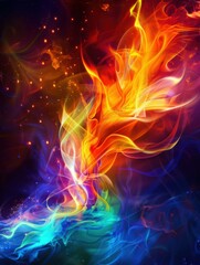 Fototapeta premium vibrant and dynamic artwork with bright, colorful flames and glowing elements against a dark background. Hues of red, orange, yellow, blue, and green blend seamlessly