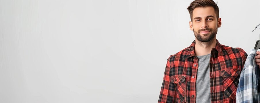 Retail associate holding a clothing item on a hanger, on the right side, plain white background Holding clothing item Showcasing engagement in customer service