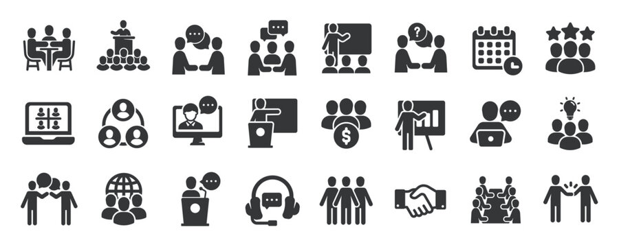 Meeting glyph solid icons collection. Containing business, training, seminar, teamwork, workshop. For website marketing design, logo, app, template, ui, etc. Vector illustration.