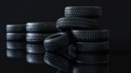 assortment of brand new automobile tires stacked on reflective black surface product photography