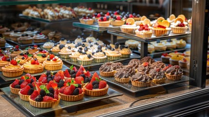 Fototapeta premium assortment of sweet pastries and berry tarts in a glass display case candy store or confectionery food photography
