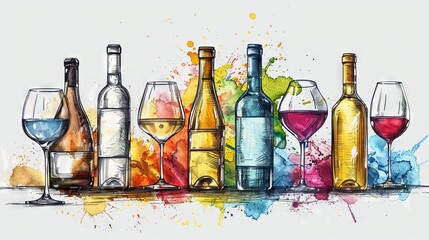 A variety of colorful wine bottles and glasses with a watercolor splash background.