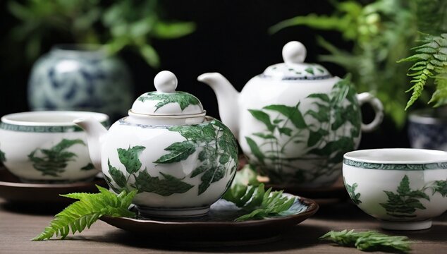 Close up of White porcelain Asian tea set with green Japan tea with baoding ball and fern plant leaves. Selective focus
