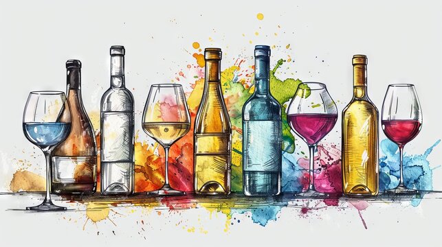 A variety of colorful wine bottles and glasses with a watercolor splash background.