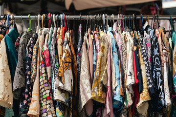 Choice of fashion clothes of different colors on hangers in a retail shop. Flea market with old clothes outside. Reduce Reuse Recycle concept