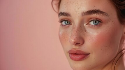 beautiful young woman with fresh clean skin on soft pink background natural beauty portrait