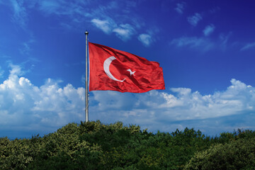 Turkish flag, on a red background white star and moon. Turkish flag flies in the wind against the backdrop of Istanbul