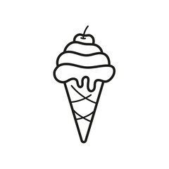 Cherry ice cream. Ice cream cone. Coloring. Black and white vector illustration.