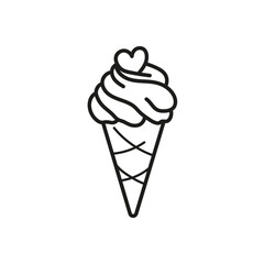 Ice cream with a heart. Ice cream cone. Coloring. Black and white vector illustration.
