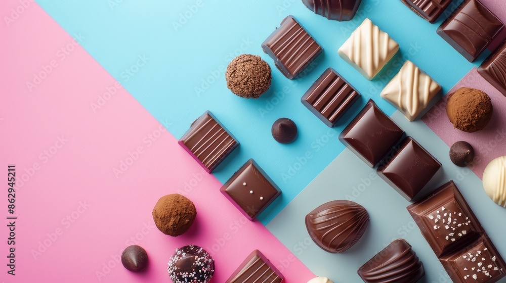 Poster various chocolates on colorful table top view with room for text
