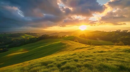 Fototapeta premium breathtaking sunrise over rolling hills and lush fields timelapse landscape