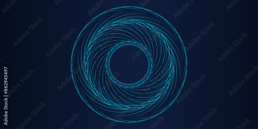 Poster Vector abstract circle frame with wavy rounded lines pattern flowing in blue green colors isolated on black background for concept of music, technology, ai