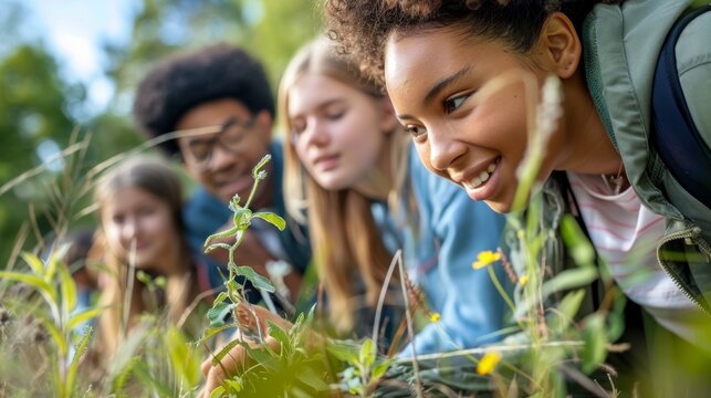 Multiethnic Teenagers Exploring Nature on a Sunny Day. Generative ai