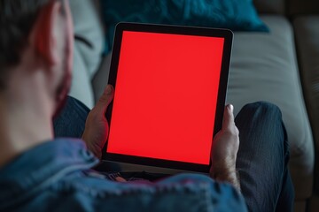 Device screen seen from a shoulder of a adult man holding an ebook with a completely red screen