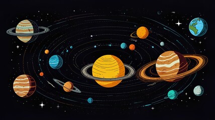 Sketch solar system. Hand drawn planets orbits, planetary and earth orbit vector illustration set. Astronomy themed coloring book drawings pack.