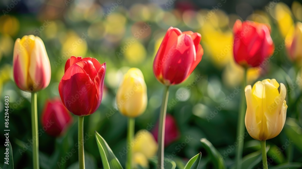 Poster vibrant spring flower garden featuring a variety of colorful tulips botanical spring scene with red 