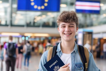 Naklejka premium A young student wearing summer clothes smiles while holding his passport in an airport.