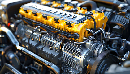 Fototapeta premium engine repair. cylinder head in the workshop, Car engine on grey background