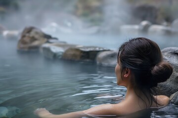 Fototapeta premium A woman enjoys a relaxing soak in the hot springs at Nyuto Onsen in Japan.
