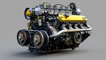 engine repair. cylinder head in the workshop, Car engine on grey background