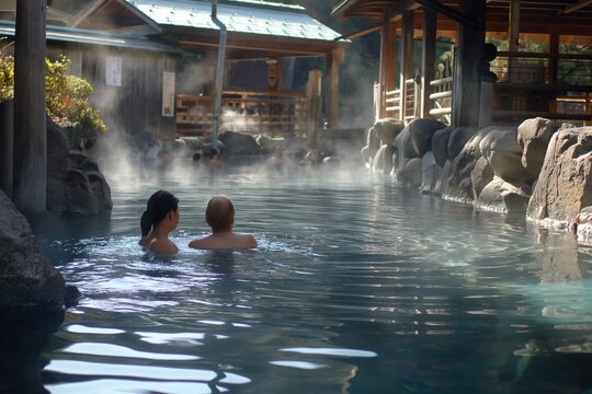 Two people enjoy a relaxing soak in the steaming waters of the Nyuto Onsen hot springs in Japan.