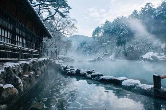 Scenic Nyuto Onsen hot springs in Japan: traditional building, misty river, & mountains in the background.