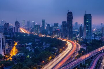 Fototapeta premium A night time aerial view of Mumbais skyline, featuring a highway with bright light trails.