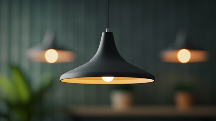 Black pendant light fixture with warm white lightbulb in interior setting.