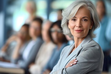 A confident older woman in a business suit stands out in a meeting with other professionals in the background.