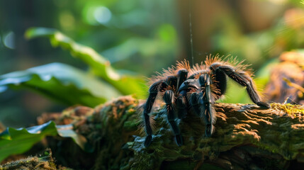 Obraz premium Tarantula on mossy log in a lush forest setting.