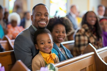 Fototapeta premium A family smiles during a church service, showcasing the importance of faith and community.