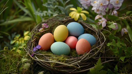 Obraz premium Happy Easter day decoration colorful eggs in nest with copy space