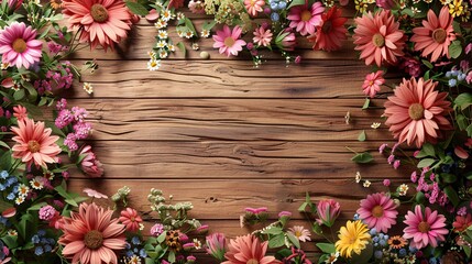Fototapeta premium Beautiful Floral Frame on Rustic Wooden Background, Vibrant Blossoms Creating Natural Border, Colorful Flower Arrangement for Spring and Summer Themes, Perfect for Invitations and Nature-Inspired Desi